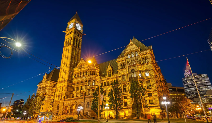 Old City Hall at night – historical site participating in Doors Open Toronto 2025