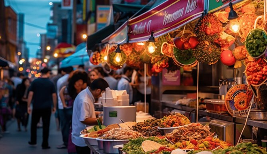 Vibrant food stalls and crowds at Kensington Market Night Market during Father’s Day 2025 weekend in Toronto.