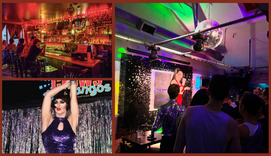 Collage of queer-owned Toronto bars: the warm, vintage-lit interior of Sweaty Betty’s; a sparkling drag performance on stage at Crews & Tangos; and a lively drag show under a disco ball at The Drink, with a crowd enjoying the performance.