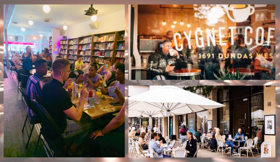 Collage of three queer-owned Toronto cafés: guests chatting inside the Glad Day Bookshop & Café, patrons enjoying coffee at Cygnet Coffee on Dundas West, and a bustling sidewalk patio filled with people at an LGBTQ+-friendly café in downtown Toronto.