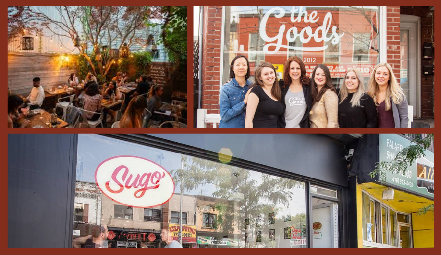 Collage of queer-owned and ally-run Toronto restaurants: a warmly lit outdoor patio at Fonda Lola, the team of The Goods plant-based café smiling in front of their storefront, and the exterior view of Sugo restaurant with reflections of Bloordale’s streetscape.