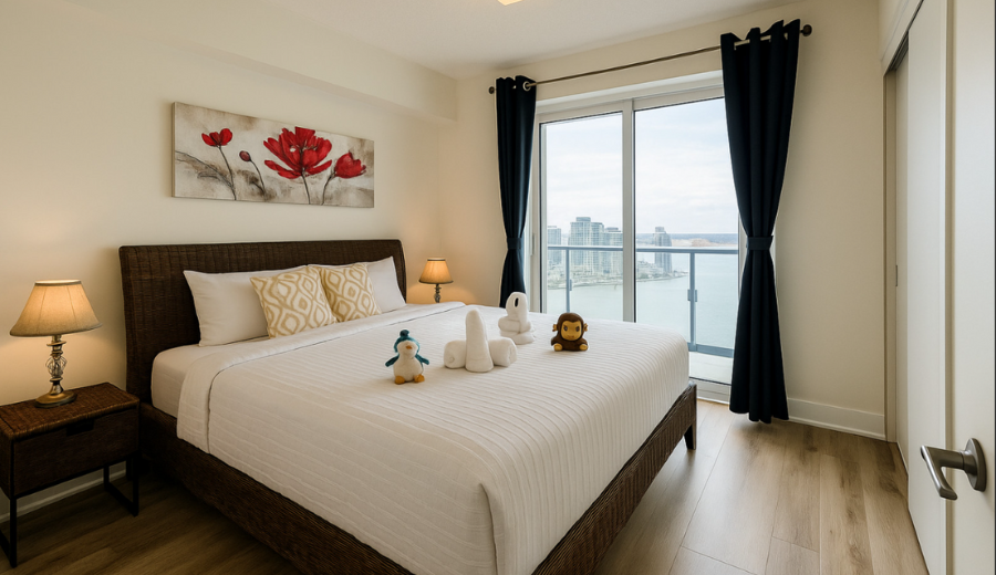 Modern bedroom in a fully furnished business rental in Toronto