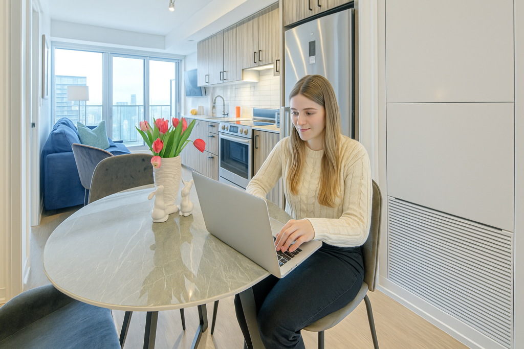 Young professional working remotely from furnished business rental in Toronto kitchen space