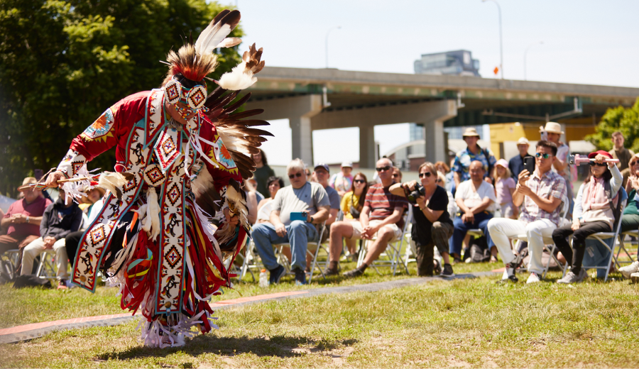 Drummers performing at Indigenous Peoples Day ceremony at Fort York.