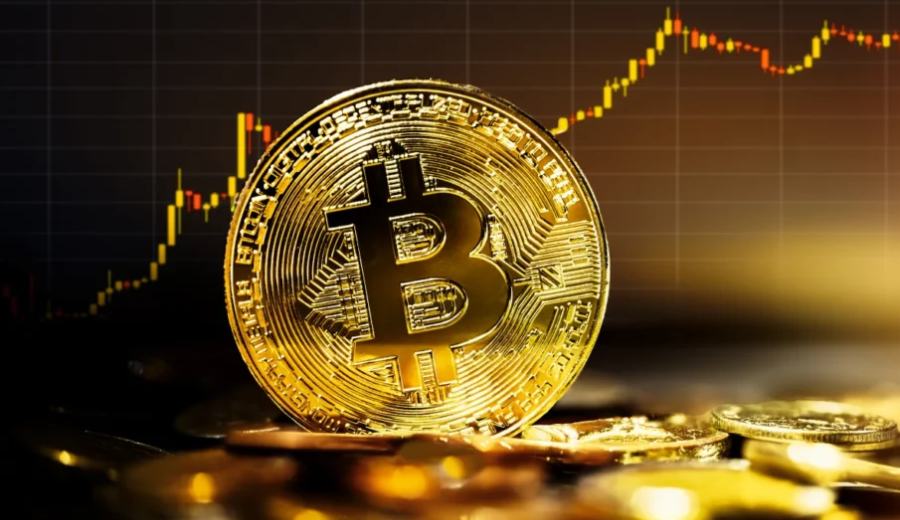 A symbolic representation of Bitcoin reaching an all-time high, with a golden Bitcoin coin and a rising price chart in the background.

