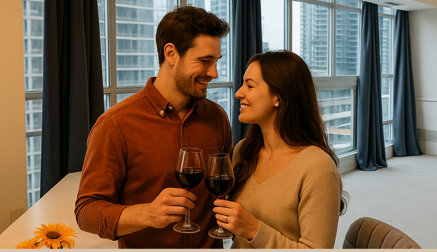 Smiling couple with wine in a modern high-rise rental suite