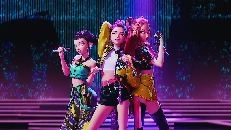 Kpop Huntrix three girls singing.