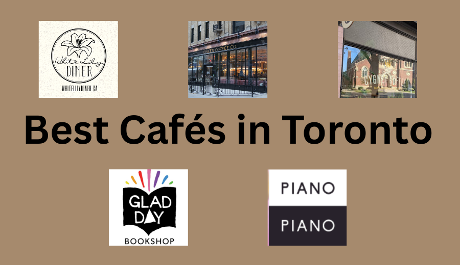 Logos and storefronts of top cafés in Toronto, including White Lily Diner, Dineen Coffee Co., Cygnet Coffee, Glad Day Bookshop, and Piano Piano.