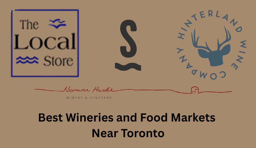 Logos of top wineries and food markets near Toronto including The Local Store, Sandbanks Winery, Hinterland Wine Company, and Norman Hardie Winery.