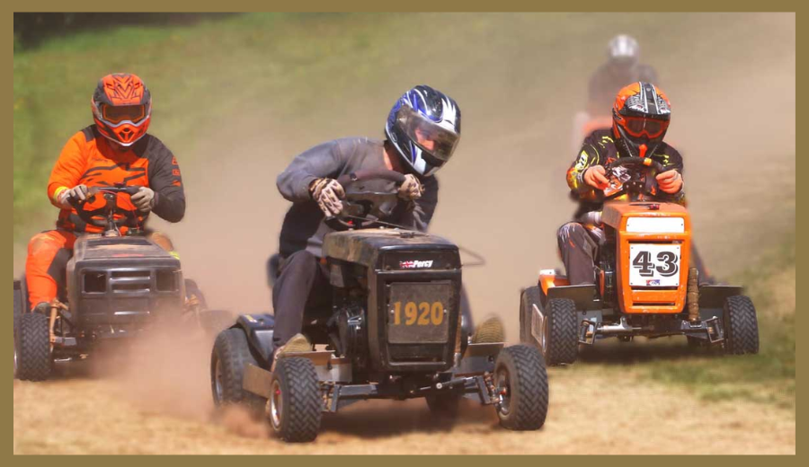 Lawn mower racing at Perth Fair Ontario 2025 with drivers competing in a high-speed track event