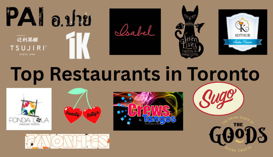 Logos of top restaurants in Toronto including Pai, Bar Isabel, Tsujiri, Seven Lives, Kothur, Fonda Lola, Sweaty Betty's, Crews & Tangos, Sugo, The Goods, and Favorites Thai BBQ.