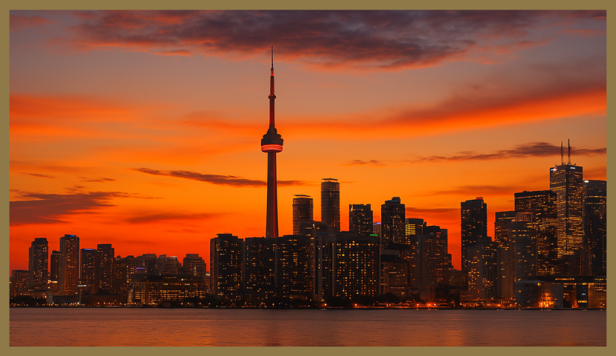 The iconic Toronto skyline at sunset, featuring the CN Tower and shimmering city lights reflected in the calm waters of Lake Ontario.