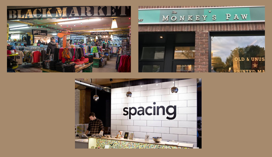 Collage of popular Toronto shops—Black Market vintage store interior, The Monkey’s Paw bookstore exterior, and Spacing Store counter.