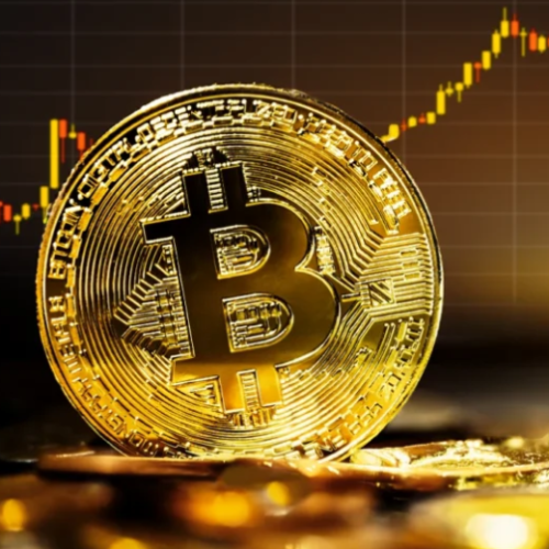 A symbolic representation of Bitcoin reaching an all-time high, with a golden Bitcoin coin and a rising price chart in the background.

