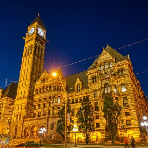 Old City Hall at night – historical site participating in Doors Open Toronto 2025